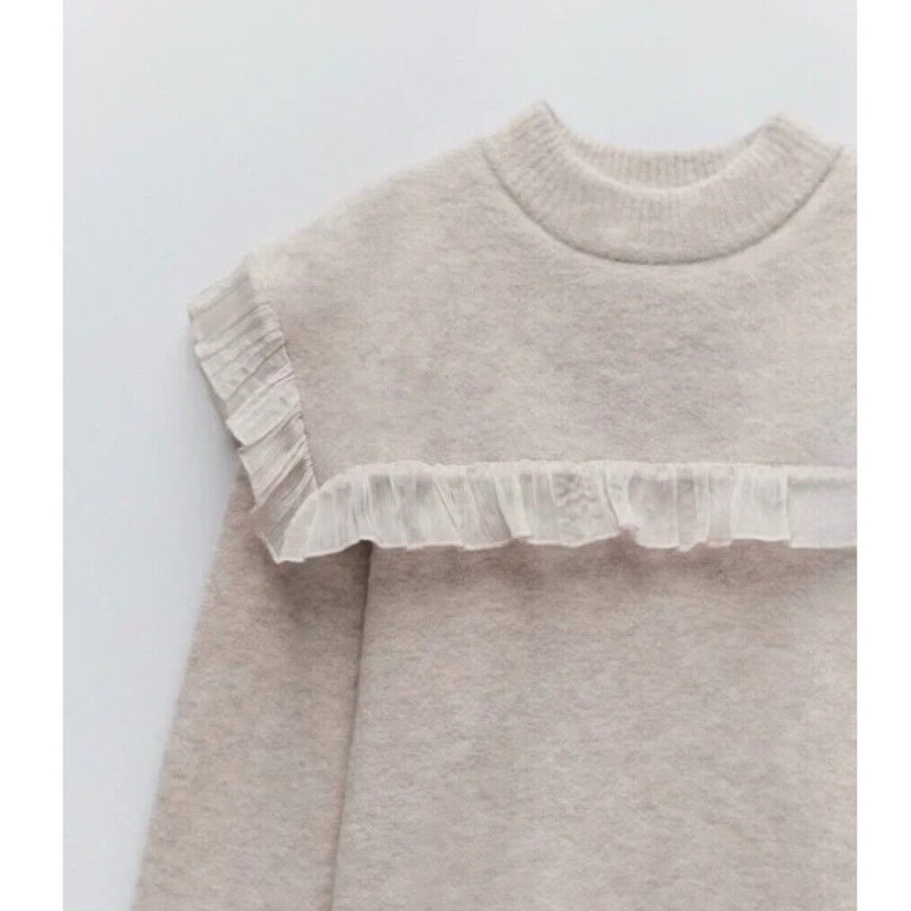 ZARA Organza Ruffle Knit Combination Sweater Ruffled Romantic Wool Medium - Picture 5 of 15